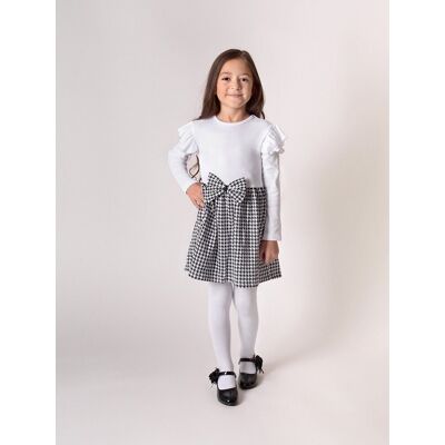 Dziewczęca sukienka na długi rękaw z kokardką w pepitkę biała Nicol,r.122 Dziewczęca sukienka na długi rękaw z kokardką w pepitkę biała Nicol,r.122