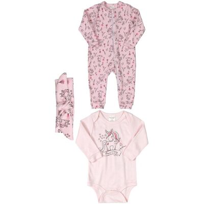 Niemowlęcy dziewczęcy komplet pajac + body + opaska jednorożec Up Baby r.74 Niemowlęcy dziewczęcy komplet pajac + body + opaska jednorożec Up Baby r.74