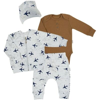 Niemowlęcy komplet 4-ro częściowy: bluza, body, spodnie, czapka szara Nicol,r.86 Niemowlęcy komplet 4-ro częściowy: bluza, body, spodnie, czapka szara Nicol,r.86