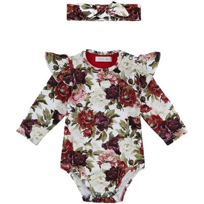 Ewa Collection Zestaw body z falbanką długi rękaw i opaska z supełkiem, Czerwone Kwiaty - 74 Ewa Collection Zestaw body z falbanką długi rękaw i opaska z supełkiem, Czerwone Kwiaty - 74