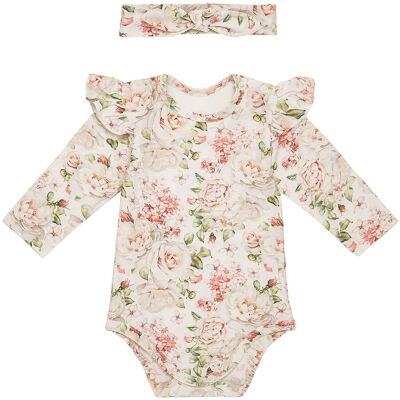 Ewa Collection Zestaw body z falbanką, długi rękaw i opaska z supełkiem, Rose 68 Ewa Collection Zestaw body z falbanką, długi rękaw i opaska z supełkiem, Rose 68