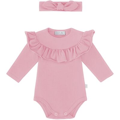 Ewa Collection Zestaw body z falbanką i opaska z supełkiem, brudny róż - 68 Ewa Collection Zestaw body z falbanką i opaska z supełkiem, brudny róż - 68