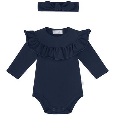 Ewa Collection Zestaw body z falbanką i opaska z supełkiem, granatowy - 80 Ewa Collection Zestaw body z falbanką i opaska z supełkiem, granatowy - 80