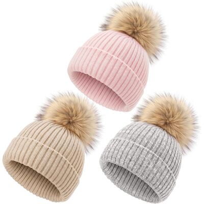 Inny producent Czapki Zimowe Dla Niemowląt Z Pomponem, Dzianinowe, 3-Pack Beż/szary/róż Inny producent Czapki Zimowe Dla Niemowląt Z Pomponem, Dzianinowe, 3-Pack Beż/szary/róż