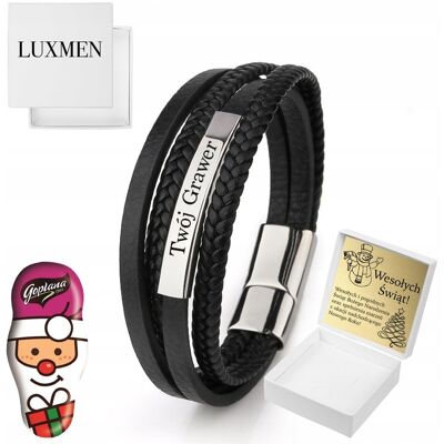 Luxmen Bransoletka Męska Czarna Skóra Srebrna Z Grawerem Pleciona Skórzana Mocna Luxmen Bransoletka Męska Czarna Skóra Srebrna Z Grawerem Pleciona Skórzana Mocna