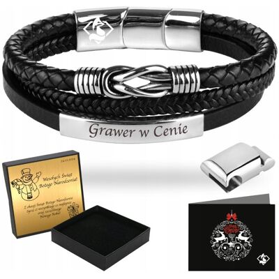 FoxyJewellery Bransoletka Męska Czarna ze Skóry Srebrna GRAWER Prezent Dla Męża Chłopaka FoxyJewellery Bransoletka Męska Czarna ze Skóry Srebrna GRAWER Prezent Dla Męża Chłopaka
