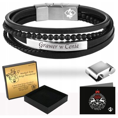FoxyJewellery Bransoletka Męska Skórzana Czarna Stal 316 Grawer Dla Taty Męża Chłopaka FoxyJewellery Bransoletka Męska Skórzana Czarna Stal 316 Grawer Dla Taty Męża Chłopaka