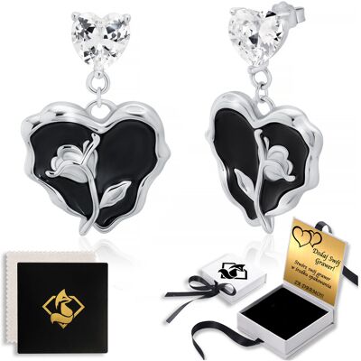 FoxyJewellery Kolczyki Wiszące W Kształcie Serca z Różą Sztyfty Grawer Prezent FoxyJewellery Kolczyki Wiszące W Kształcie Serca z Różą Sztyfty Grawer Prezent