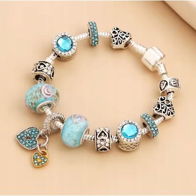 Inny producent Srebrna Bransoletka Charms Beads Akwamaryn Cyrkonie Serca Róże Inny producent Srebrna Bransoletka Charms Beads Akwamaryn Cyrkonie Serca Róże
