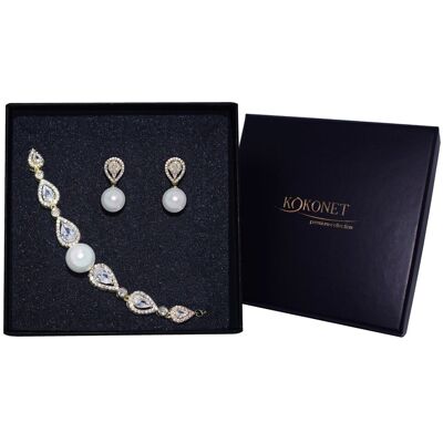 KOKONET Złoty Komplet Biżuterii Kolczyki Bransoletka Perły Kryształki Elegancja KOKONET Złoty Komplet Biżuterii Kolczyki Bransoletka Perły Kryształki Elegancja