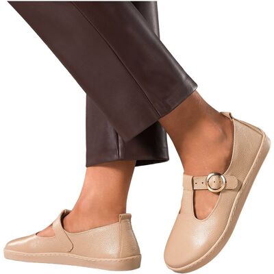 Beżowe buty barefoot skórzane damskie szerokie na elastycznej płaskiej podeszwie wycięta cholewka pasek ze złotą klamrą PRODUKT POLSKI Casu 89792-37 Beżowe buty barefoot skórzane damskie szerokie na elastycznej płaskiej podeszwie wycięta cholewka pasek ze złotą klamrą PRODUKT POLSKI Casu 89792-37