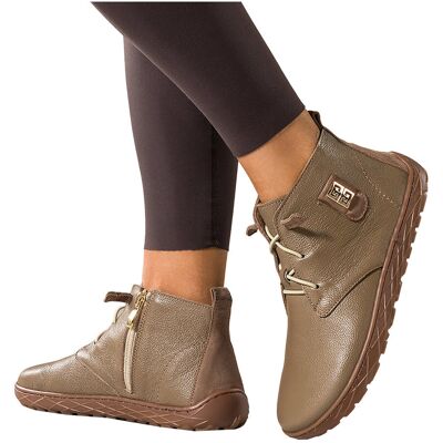 Ciemnobeżowe botki barefoot skórzane damskie szerokie na elastycznej płaskiej podeszwie złota ozdoba elastyczne sznurówki PRODUKT POLSKI Casu 69927-39 Ciemnobeżowe botki barefoot skórzane damskie szerokie na elastycznej płaskiej podeszwie złota ozdoba elastyczne sznurówki PRODUKT POLSKI Casu 69927-39