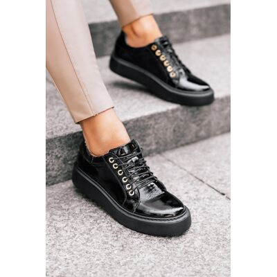 Czarne trampki skórzane damskie lakierowane creepersy sznurowane PRODUKT POLSKI Casu 469N-38 Czarne trampki skórzane damskie lakierowane creepersy sznurowane PRODUKT POLSKI Casu 469N-38