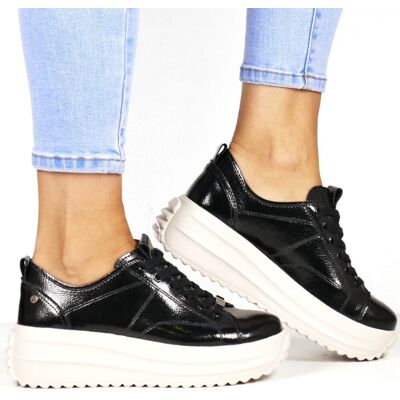 Damskie Sneakersy Skórzane na Grubej Podeszwie Filippo 6795 Czarne Damskie Sneakersy Skórzane na Grubej Podeszwie Filippo 6795 Czarne