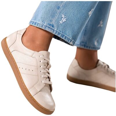 Jasnobeżowe buty barefoot skórzane damskie szerokie na elastycznej płaskiej podeszwie sznurowane PRODUKT POLSKI Casu 5906-39 Jasnobeżowe buty barefoot skórzane damskie szerokie na elastycznej płaskiej podeszwie sznurowane PRODUKT POLSKI Casu 5906-39