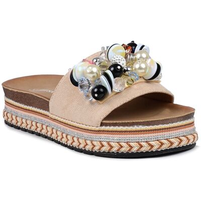 Klapki damskie na platformie na lato beżowe z ozdobą S.Barski HY077-36 Klapki damskie na platformie na lato beżowe z ozdobą S.Barski HY077-36