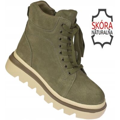 inna (Inny) Śniegowce damskie skórzane botki ocieplane creepersy khaki B-3-1379 roz. 40 inna (Inny) Śniegowce damskie skórzane botki ocieplane creepersy khaki B-3-1379 roz. 40