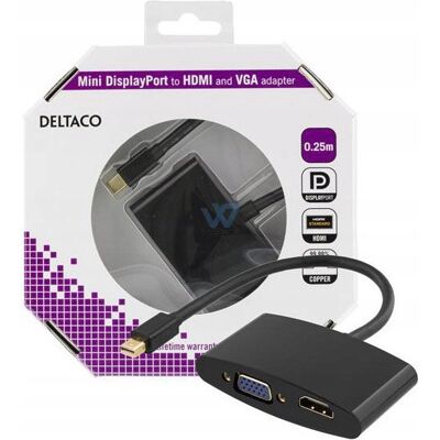 Adapter Deltaco Mini Displayport Do Hdmi I Vga, 0,2 M, Czarny Adapter Deltaco Mini Displayport Do Hdmi I Vga, 0,2 M, Czarny