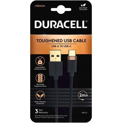 Duracell 2M Czarny Nylonowy Kabel USB-A / USB-C Duracell 2M Czarny Nylonowy Kabel USB-A / USB-C