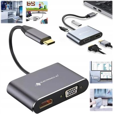 Hub rozdzielacz stacja dokująca 4w1 USB A USB-C VGA HDMI 87W 4K 30Hz Hub rozdzielacz stacja dokująca 4w1 USB A USB-C VGA HDMI 87W 4K 30Hz
