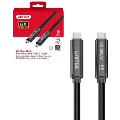 Unitek Kabel optyczny USB-C 10Gbps PD60W 8K@30Hz czarny, 10m Unitek Kabel optyczny USB-C 10Gbps PD60W 8K@30Hz czarny, 10m