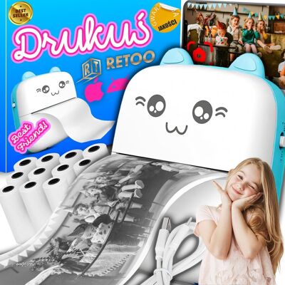 Retoo M067d Mini Drukarka Termiczna Drukuś Oryginalny Do Zdjęć Przenośna Kotek 11 Rolek -Er1115 Retoo M067d Mini Drukarka Termiczna Drukuś Oryginalny Do Zdjęć Przenośna Kotek 11 Rolek -Er1115