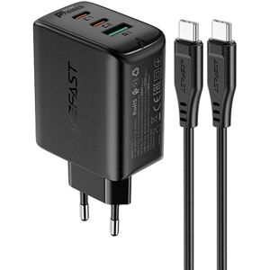 Acefast 2W1 Ładowarka Sieciowa 2X Usb Typ C / Usb 65W, Pd, Qc 3.0, Afc, Fcp (Zestaw Z Kablem) Czarny