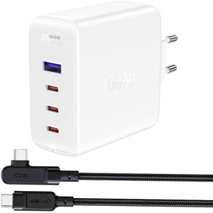 Acefast szybka ładowarka sieciowa GaN 3xUSB-C/1xUSB-A 100W biała + kabel kątowy USB-C - USB-C 100W 2m