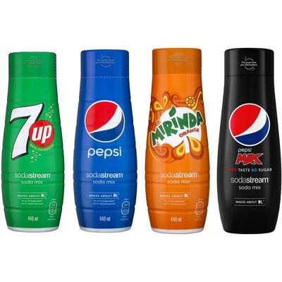 Syrop do napojów SODASTREAM zestaw, 4 szt. - Pepsi 7UP Mirinda Pepsi MAX koncentrat do saturatora 440 ml każda napój gazowany domowy CO2 Syrop do napojów SODASTREAM zestaw, 4 szt. - Pepsi 7UP Mirinda Pepsi MAX koncentrat do saturatora 440 ml każda napój gazowany domowy CO2