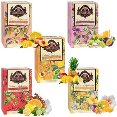 BASILUR Fruit Infusions - Zestaw herbat owocowych bezkofeinowych, napary owocowe 5x20 saszetek BASILUR Fruit Infusions - Zestaw herbat owocowych bezkofeinowych, napary owocowe 5x20 saszetek