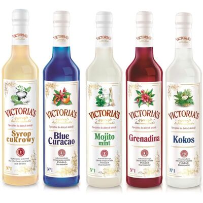 Victoria Zestaw 5 syropów Blue Curacao, Grenadina, Cukrowy, Kokos, Mojito Mint 490 ml x 5 Victoria Zestaw 5 syropów Blue Curacao, Grenadina, Cukrowy, Kokos, Mojito Mint 490 ml x 5