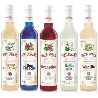 Victoria Zestaw 5 Syropów Blue Curacao, Grenadina, Cukrowy, Wanilia, Mojito Mint 490 Ml X 5 Victoria Zestaw 5 Syropów Blue Curacao, Grenadina, Cukrowy, Wanilia, Mojito Mint 490 Ml X 5