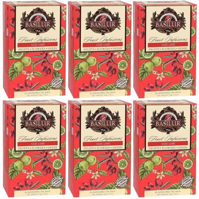 BASILUR Fruit Infusions - Owocowa herbata bezkofeinowa z naturalnym aromatem goji, limonki i cytrusów, w saszetkach 20 x 2 g x6 BASILUR Fruit Infusions - Owocowa herbata bezkofeinowa z naturalnym aromatem goji, limonki i cytrusów, w saszetkach 20 x 2 g x6