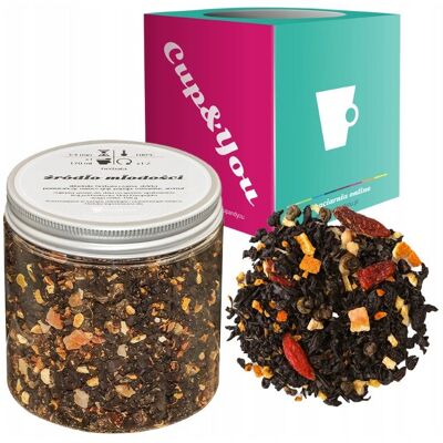 Czarna herbata ŹRÓDŁO MŁODOŚCI papaja skórka pomarańczy owoce goji 150g - sypana liściasta herbata PREMIUM na prezent upominek podarunek Cup&You Czarna herbata ŹRÓDŁO MŁODOŚCI papaja skórka pomarańczy owoce goji 150g - sypana liściasta herbata PREMIUM na prezent upominek podarunek Cup&You