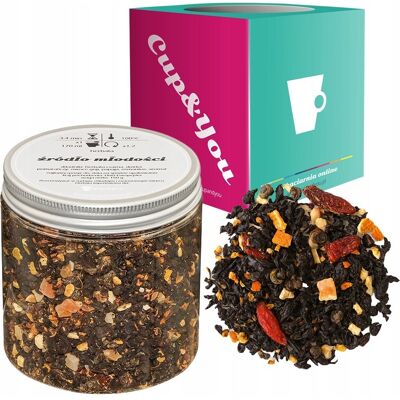 Herbata czarna ŹRÓDŁO MŁODOŚCI papaja skórka pomarańczy owoce goji 150g - sypana liściasta herbata PREMIUM na prezent upominek Cup&You Herbata czarna ŹRÓDŁO MŁODOŚCI papaja skórka pomarańczy owoce goji 150g - sypana liściasta herbata PREMIUM na prezent upominek Cup&You