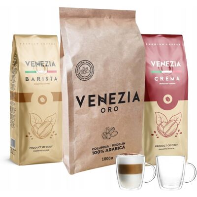 Venezia Kawa Ziarnista 3kg Zestaw Kaw Szklanki Kawa Crema 100% Arabica Venezia Kawa Ziarnista 3kg Zestaw Kaw Szklanki Kawa Crema 100% Arabica