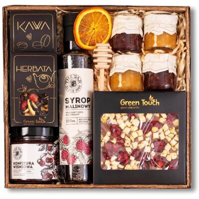 Green Touch Kosz Prezentowy Box Prezent Syrop Czekolada Konfitury Upominek Herbata Kawa Green Touch Kosz Prezentowy Box Prezent Syrop Czekolada Konfitury Upominek Herbata Kawa