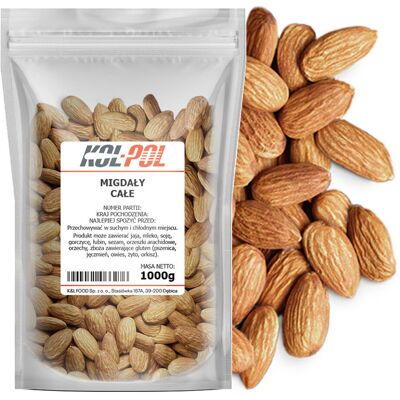 MIGDAŁY 1kg Całe orzechy Kalifornijskie naturalne świeże jakość Kol-Pol MIGDAŁY 1kg Całe orzechy Kalifornijskie naturalne świeże jakość Kol-Pol