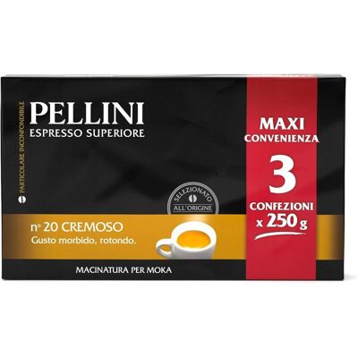 Pellini Espresso Superiore N.20 Cremoso – Kawa Mielona 70/30 Arabica/robusta 3x250g (750g), Ciemne Palenie, Delikatny Smak Pellini Espresso Superiore N.20 Cremoso – Kawa Mielona 70/30 Arabica/robusta 3x250g (750g), Ciemne Palenie, Delikatny Smak