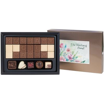 MM Brown Telegram Kocham Cię Mamo z 5 pralinkami z belgijskiej czekolady wykonanymi ręcznie Idealny prezent na Dzień Mamy 260 g MM Brown Telegram Kocham Cię Mamo z 5 pralinkami z belgijskiej czekolady wykonanymi ręcznie Idealny prezent na Dzień Mamy 260 g