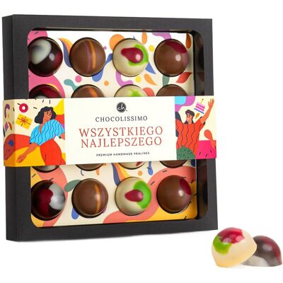 MM Brown Zestaw 16 pralinek z belgijskiej czekolady z życzeniami urodzinowymi Prezent na urodziny pralinki z owocowymi nadzieniami 176 g MM Brown Zestaw 16 pralinek z belgijskiej czekolady z życzeniami urodzinowymi Prezent na urodziny pralinki z owocowymi nadzieniami 176 g