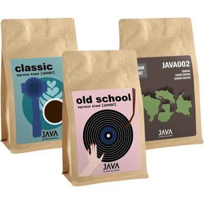JAVA Coffee Zestaw Bestsellerowych Kaw Ziarnistych Do Espresso Java – 3 × 250 G JAVA Coffee Zestaw Bestsellerowych Kaw Ziarnistych Do Espresso Java – 3 × 250 G