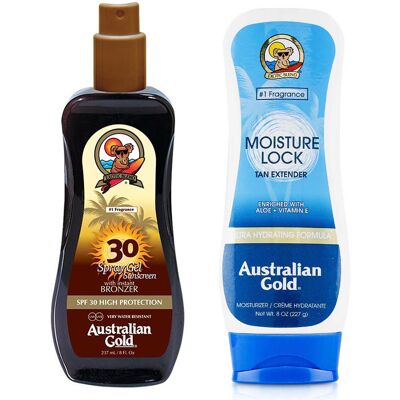 Australian Gold SPF 30 spray z bronzerem 237ml + Moisture Lock balsam 227g Australian Gold SPF 30 spray z bronzerem 237ml + Moisture Lock balsam 227g