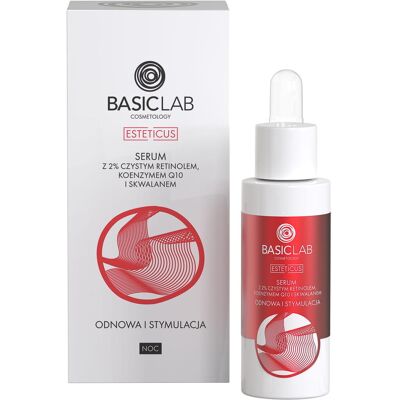 BasicLab Przeciwstarzeniowe serum do twarzy na noc, Serum z retinolem, koenzymem Q10 i skwalanem Pojemność: 30 ml BasicLab Przeciwstarzeniowe serum do twarzy na noc, Serum z retinolem, koenzymem Q10 i skwalanem Pojemność: 30 ml