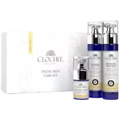 CLOCHEE Anti-Age Facial Skin Care Zestaw: Krem przeciwzmarszczkowy na dzień, 50ml + Krem odmładzająco-regenerujący na noc, 50ml + Wygładzający krem .. CLOCHEE Anti-Age Facial Skin Care Zestaw: Krem przeciwzmarszczkowy na dzień, 50ml + Krem odmładzająco-regenerujący na noc, 50ml + Wygładzający krem ..