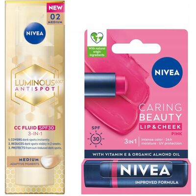 NIVEA LUMINOUS Krem CC na przebarwienia - średni 40ml + Pomadka Pink 4,8g NIVEA LUMINOUS Krem CC na przebarwienia - średni 40ml + Pomadka Pink 4,8g