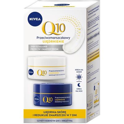 Nivea, zestaw prezentowy Q10 Przeciwzmarszczkowy ujędrniający krem na dzień 50ml + przeciwzmarszczkowy ujędrniający krem na noc 50ml Nivea, zestaw prezentowy Q10 Przeciwzmarszczkowy ujędrniający krem na dzień 50ml + przeciwzmarszczkowy ujędrniający krem na noc 50ml