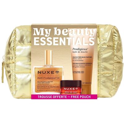 Nuxe My Beauty Essentials zestaw olejek ze złotymi drobinami 50ml + olejek pod prysznic 100ml + balsam do ust 15g Nuxe My Beauty Essentials zestaw olejek ze złotymi drobinami 50ml + olejek pod prysznic 100ml + balsam do ust 15g