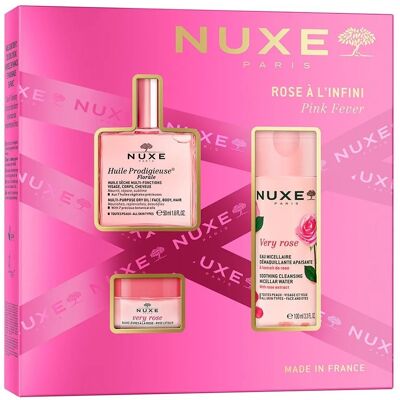 Nuxe Pink Fever zestaw suchy olejek regenerujący 50ml + łagodząca woda micelarna 3w1 100ml + różany balsam do ust 15g Nuxe Pink Fever zestaw suchy olejek regenerujący 50ml + łagodząca woda micelarna 3w1 100ml + różany balsam do ust 15g