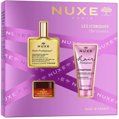 Nuxe The Iconics zestaw suchy olejek regenerujący 50ml + balsam do ust 15g + szampon wygładzający 50ml Nuxe The Iconics zestaw suchy olejek regenerujący 50ml + balsam do ust 15g + szampon wygładzający 50ml